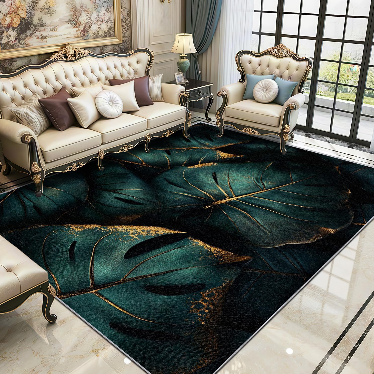 Blätter Teppich 200x200 cm, Luxuriöse Grüne Blatt Waschbarer Teppiche Wohnzimmer, Modern botanisch Pflanzen rutschfest Antirutsch Groß Teppiche Für Esszimmer, Quadratisch, Dunkel Grün Gold