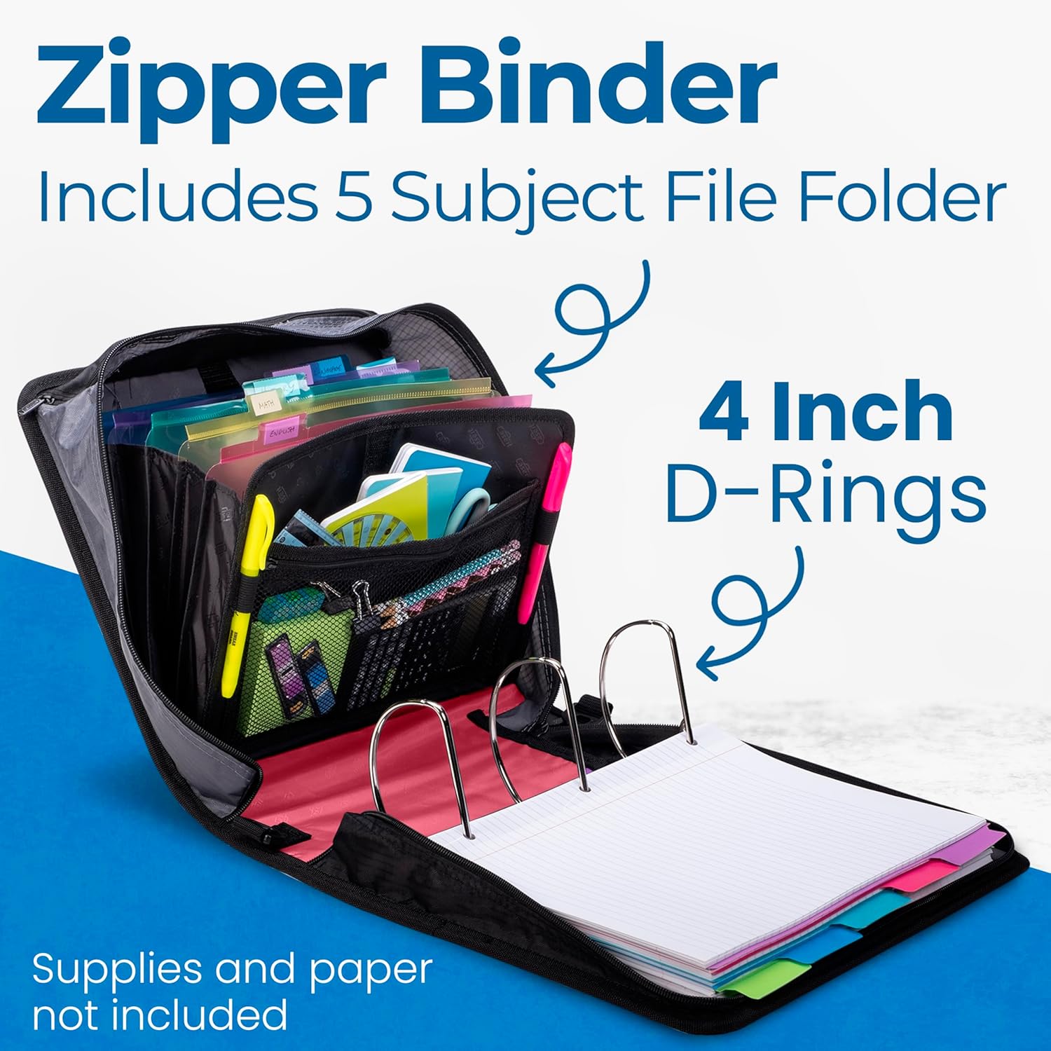 Case-it King Sized Zip Tab School Zipper Binder | 4-Inch D-Rings, 800 Sheet Capacity, 5-Subject Expanding File Folder, Multiple Pockets & Storage Organizer, Shoulder Strap|D-186 Fire Engine Red|4 Pack
