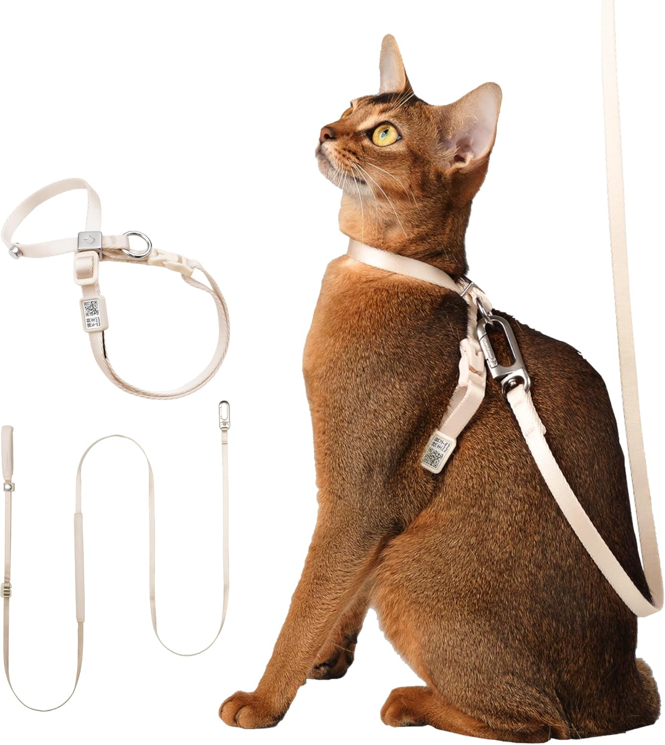 Cat Harness and Leash Set, Escape Proof Figure 8 Cat Harness Adjustable Anti-Choke Quick Release w/QR Tag, Soft Thin Crossbody/Waist Leash and Harness Set for Cats≤22lbs (Linen, M)