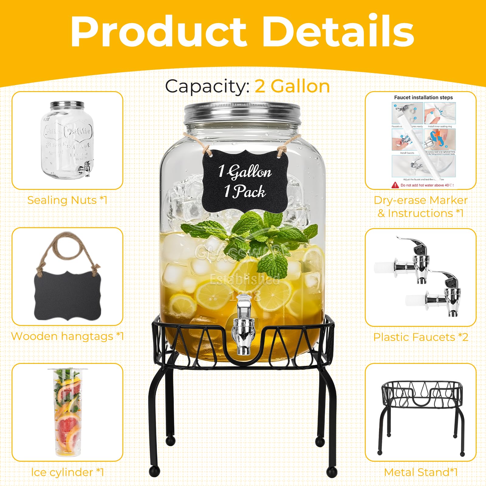 DHSBTLS Dispensadores de bebidas de vidrio de 2 galones, 1 paquete de dispensador de bebidas transparente para fiestas, barbacoas y picnics, dispensador de jugo con núcleo de hielo, soporte negro