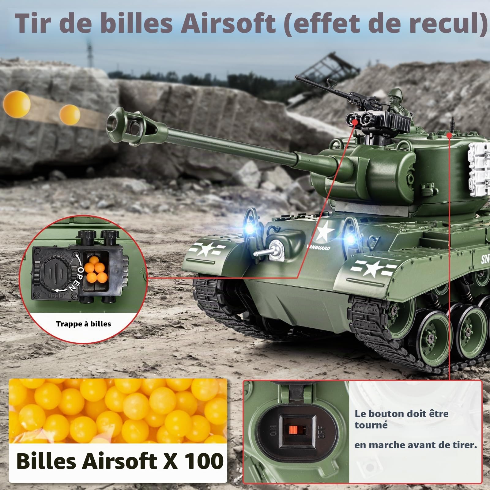Supdex Tank Telecommande US M26, Char Télécommandé 1/18, Vert Armée Réservoir Télécommandé 2.4Ghz, Maquette Char Jouets avec Fumée, LumièRes, Réservoir Tir, Recul pour Enfants et Adultes