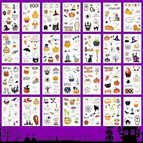 Miniatura 4 de Partywind 56 hojas de tatuajes azules luminosos de Halloween para fiesta de niños, 520 estilos de suministros de fiesta de Halloween, decoraciones