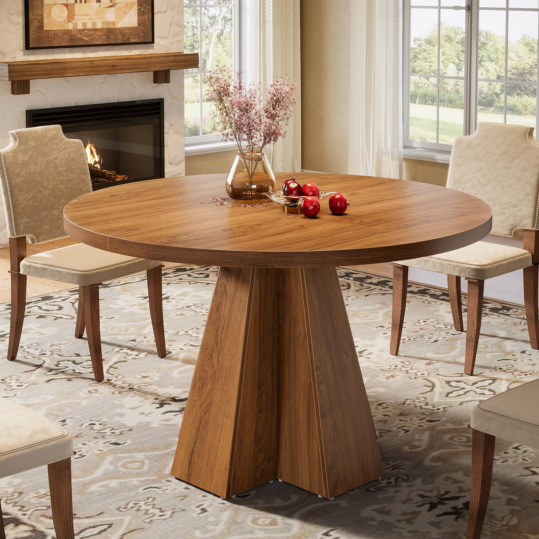 Tribesigns Tavolo da pranzo rotondo per 4 persone, tavolo da cucina rotondo con base a colonna, stile rustico, salvaspazio, sala da pranzo, cucina, soggiorno, marrone noce