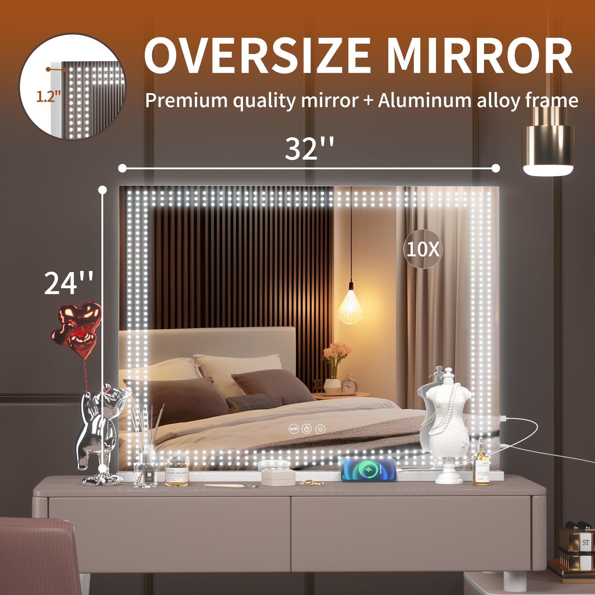 Hasipu Vanity Mirror with Lights, 32" x 24" LED Makeup Mirror, Lighted Makeup Mirror with Dimmable 3 Modes Vanity Mirror Square White