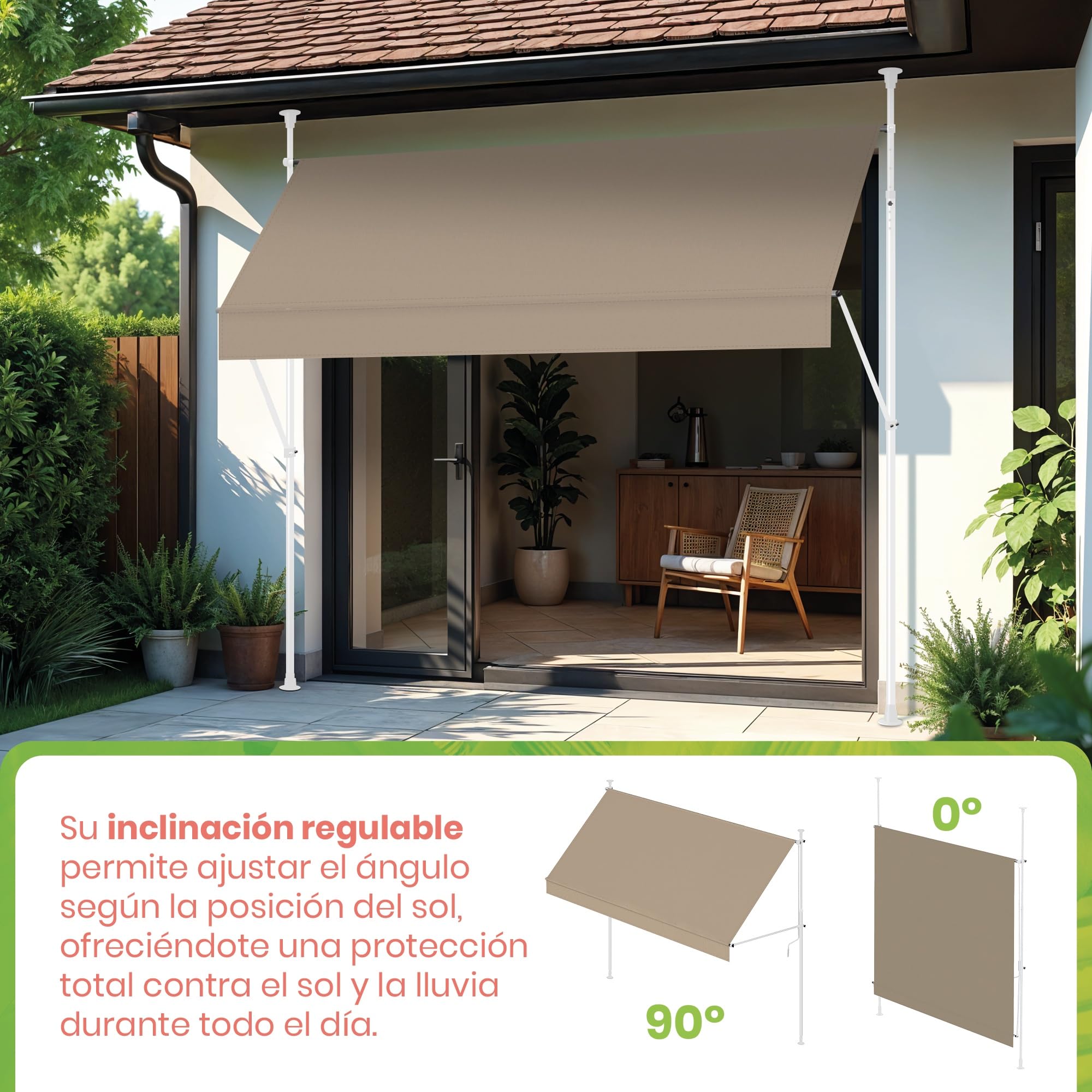 Wasabi - Toldo Retráctil Exterior 300x120cm Cityline - Altura Ajustable - Montaje Suelo y Pared sin Taladrar - Lona Beige Protección UV - Inclinación Regulable - Jardín Balcón - Estructura Blanca