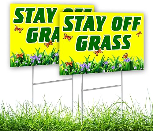 2 carteles de Stay Off Grass For Yard de 8 x 12 pulgadas de doble cara con texto en inglés Keep Off Gras, letrero de Please Keep Off Gras, letreros