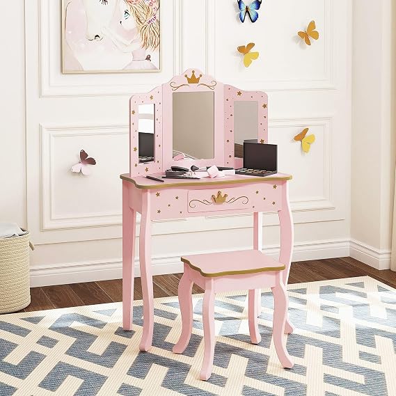 UTEX Pink Crown Princess Kids Vanity Set with Drawer for Little Girls | Wooden Toddler Vanity, Kids Vanity Table and Chair Set, Crown and Star Patterns, Gold Edge Trim, Princess Style