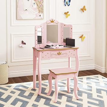 UTEX Pink Crown Princess Kids Vanity Set with Drawer for Little Girls | Wooden Toddler Vanity, Kids Vanity Table and Chair Set, Crown and Star Patterns, Gold Edge Trim, Princess Style