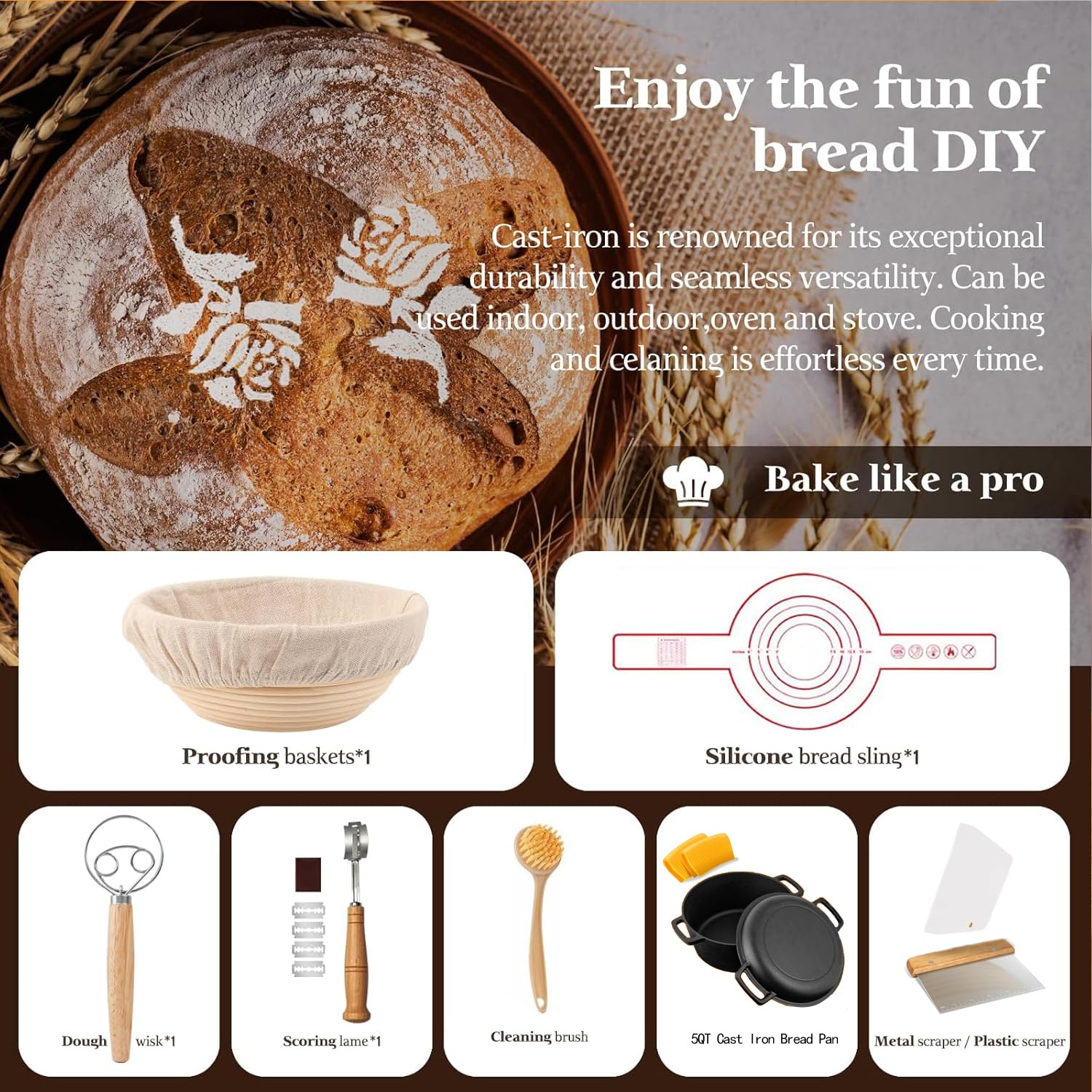 Olla de horno holandés de hierro fundido de 5QT (Kit de inicio para masa madre con cesta de fermentación, cuchilla y tapa - Ideal para hornear pan) (Cocina familiar, freír, guisar y barbacoa)