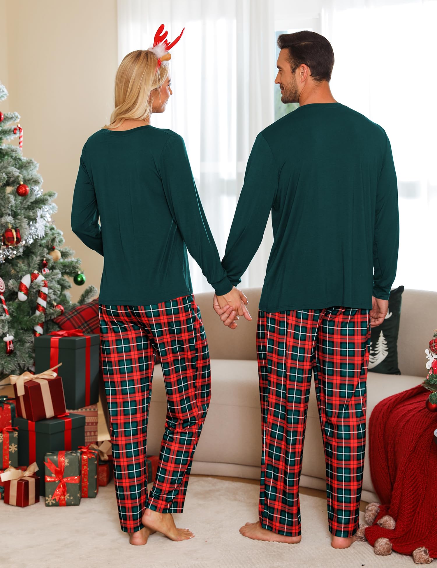 LecGee Pijamas de Navidad a juego para parejas, de manga larga, ropa de dormir familiar, para mujeres y hombres, pijamas a cuadros con bolsillos