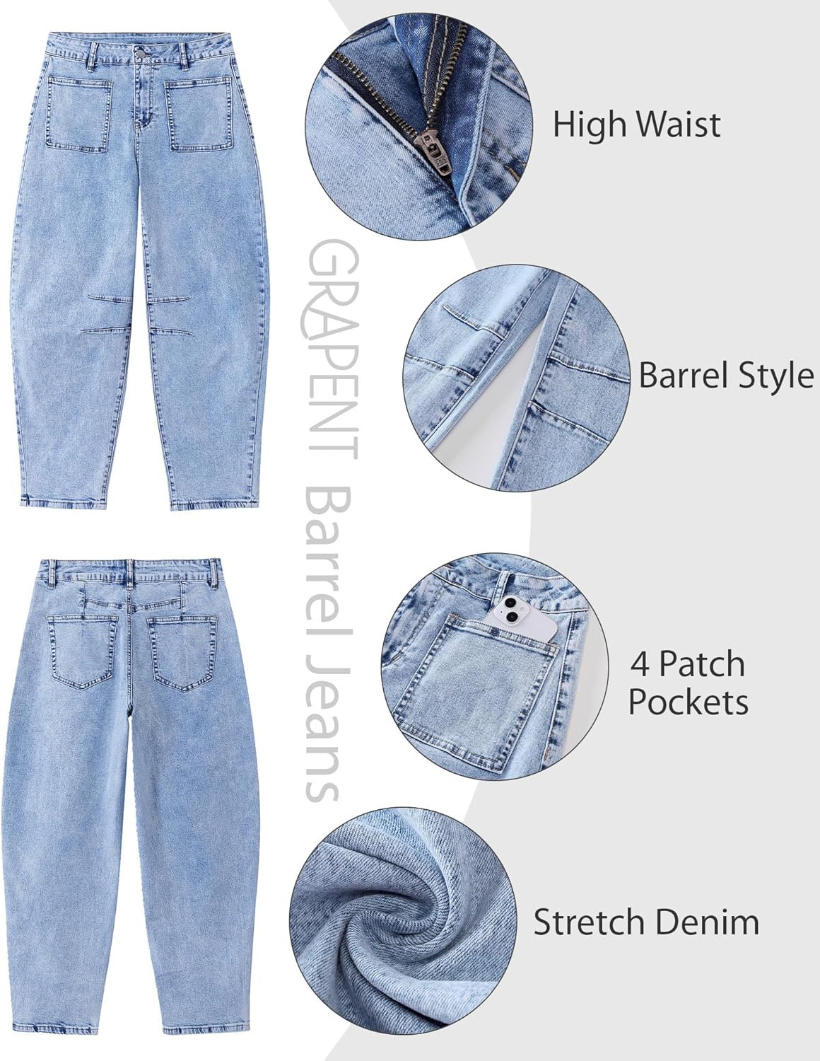 GRAPENT Barrel Jeans for Women Trendy Cropped High Waisted Patch Pocket Baggy Stretch Denim Pants Casual Wide Leg Jeans - Image 6