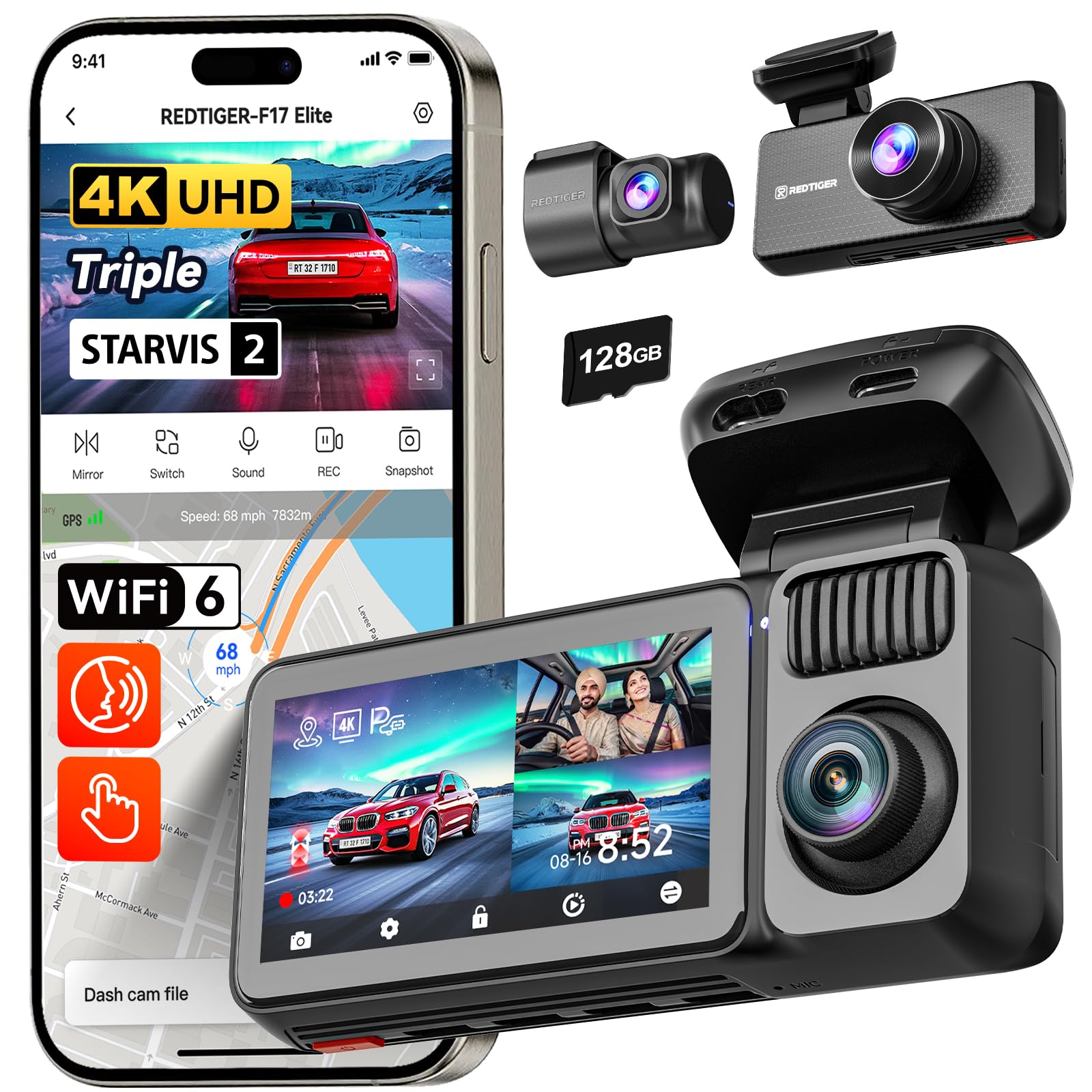 REDTIGER F17 Elite 4K 3 Channel Dash Cam for Car, STARVIS 2 IMX678 & IMAX 675, 4K+2.5K+1080P Front and Rear Inside, Full Night Color, GPS, 5.8GHz WiFi, Touch Screen, HDR, Voice Control, 128GB Card-picture-14