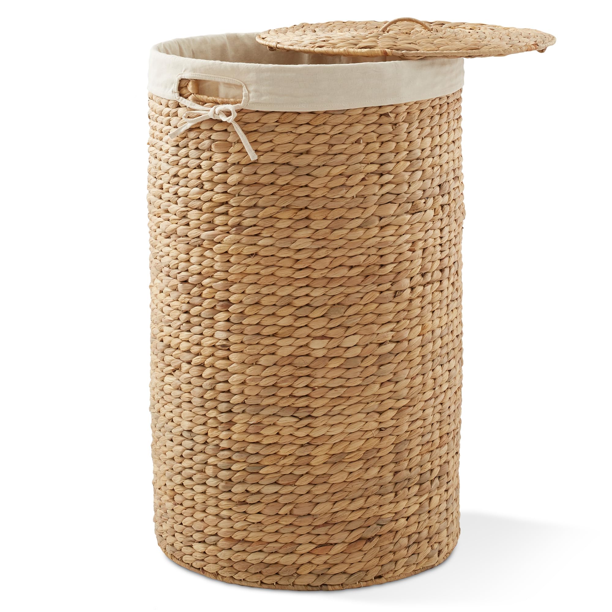 Casafield Round Laundry Hamper with Lid and Removable Liner Bag - Natural, Woven Water Hyacinth Wicker Laundry Basket for Clothes and Towels
