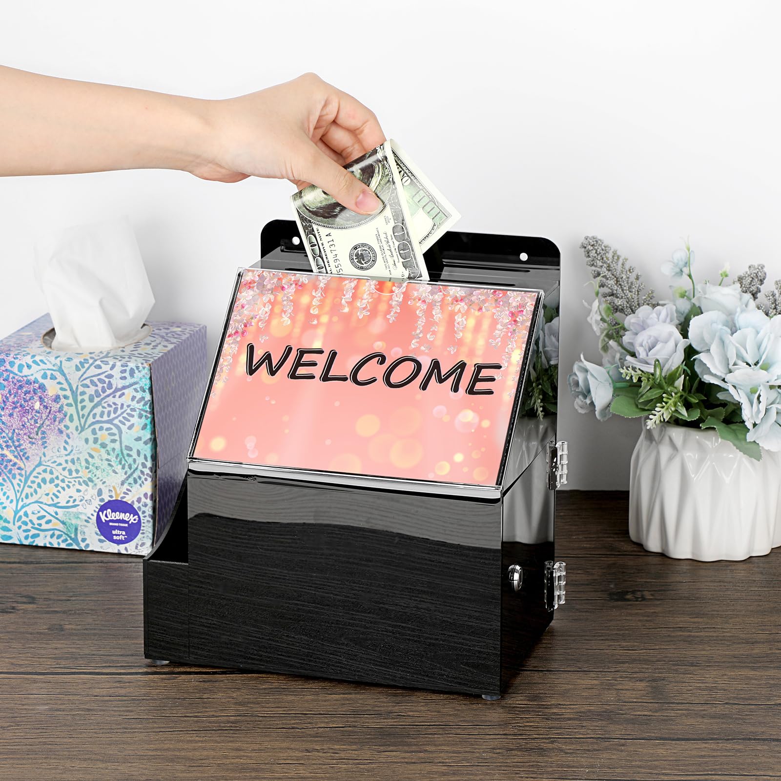 Acrylspendenbox Vorschlagsbox mit Schildhalter Wand Montierbare Visitenkartenbox Wahlurne Kartenbox mit Schloss Aufbewahrungsbox zum Visitenkarten Abstimmen Spenden Sammeln Schwarz