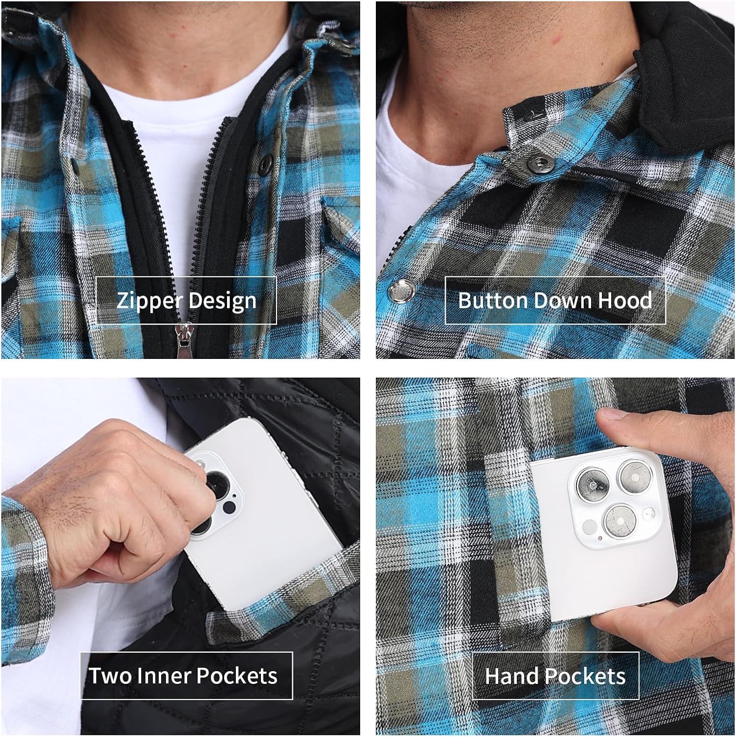 CHEXPEL Flannel Jackets for Men Long Sleeve Plaid Shirt Jacket Quilt Lined Hooded with Button Down Winter Coat - Image 5