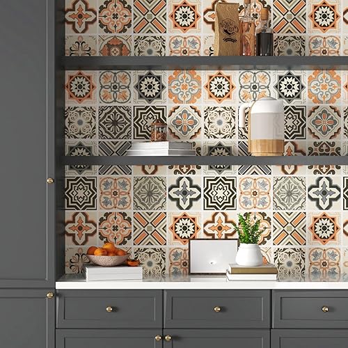Miniatura 7 de Papel tapiz bohemio para cocina, impermeable, para despegar y pegar, papel de pared color naranja, autoadhesivo, azulejos geométricos, extraíble,