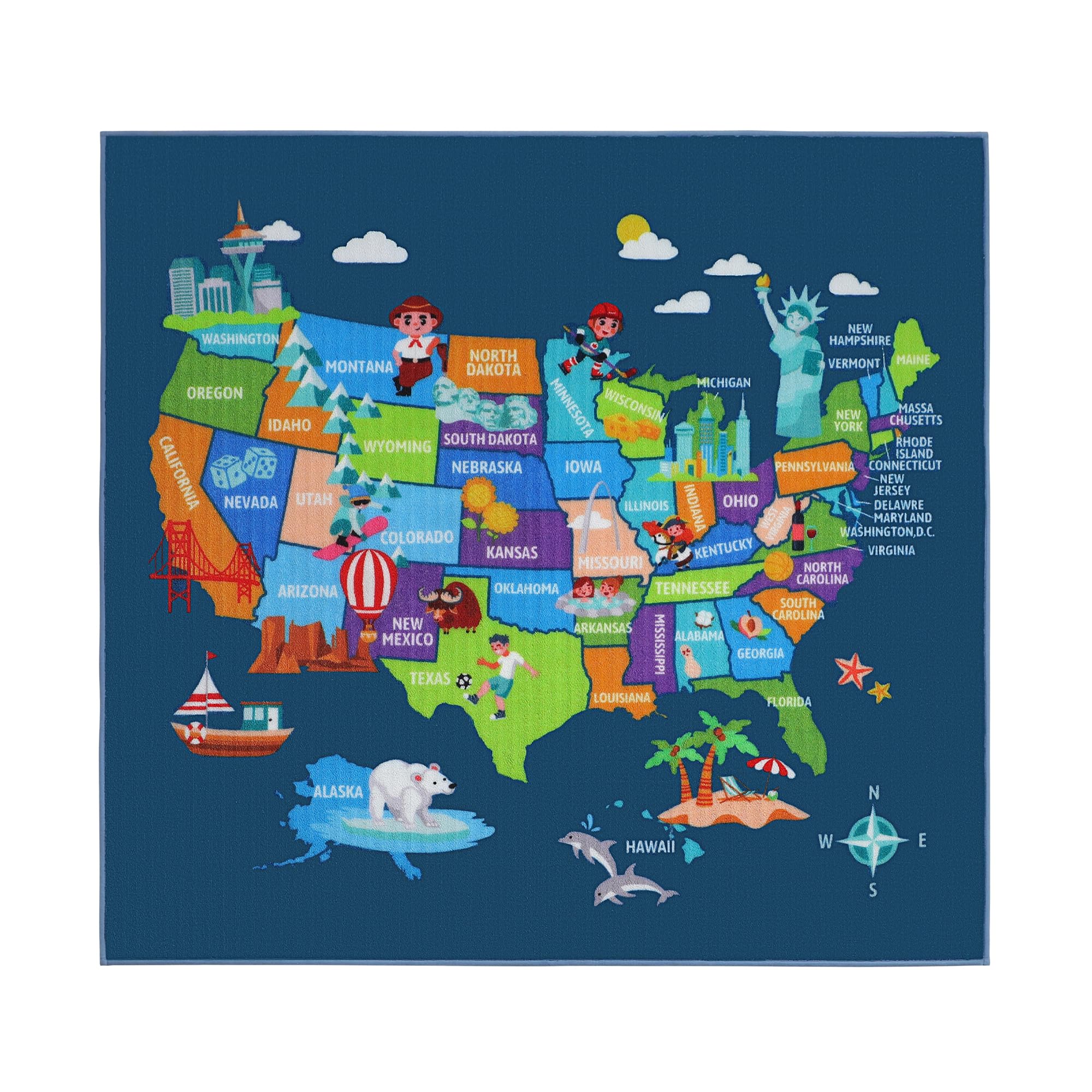 BEQHAUSE Rug for Kids Room Country Map, Non-Slip 64"x60" Educational Nursery Rug for Children's Bedroom, Washable Play Area Rugs for Kids Playroom