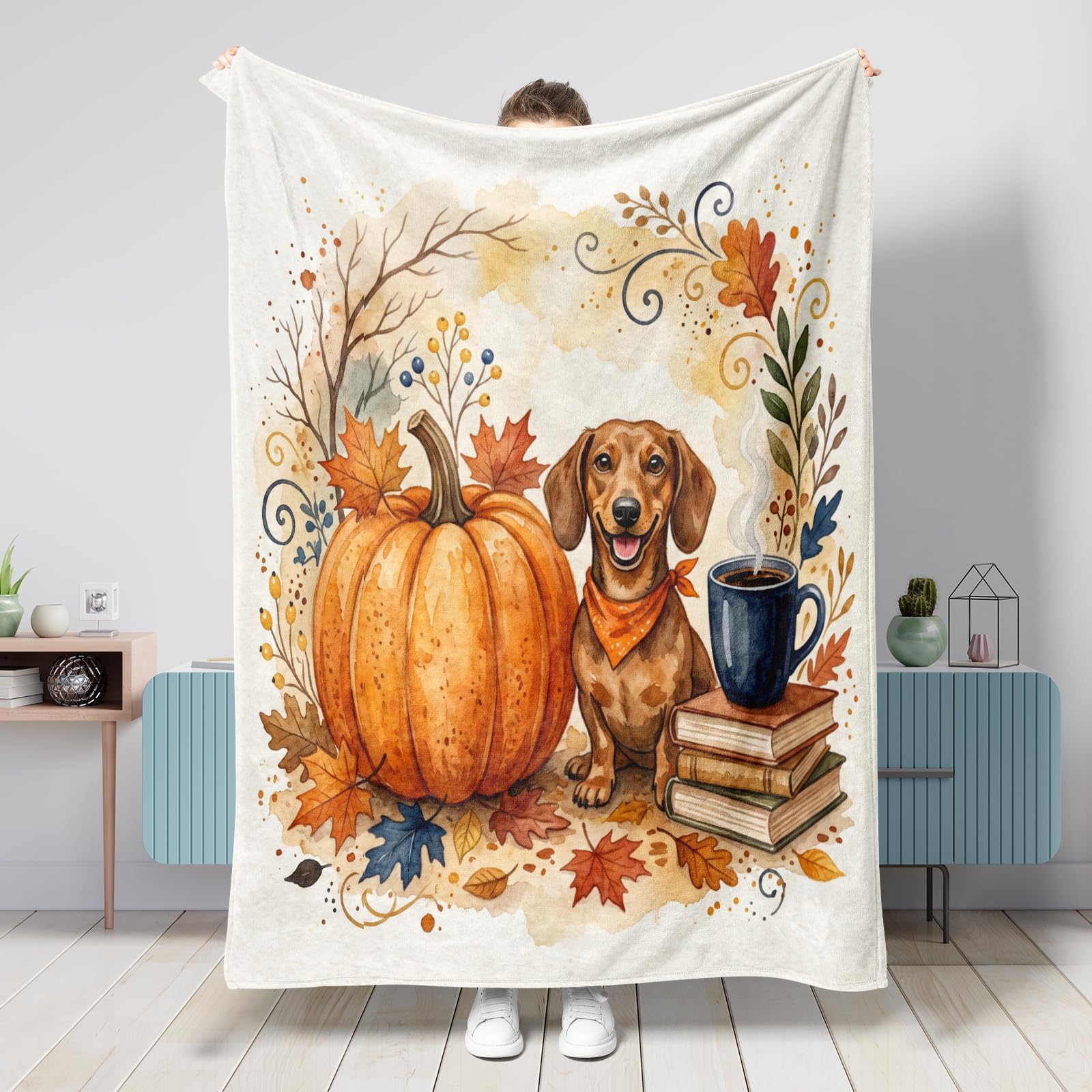 Manta de perro salchicha de otoño de 50 x 60 pulgadas, manta de franela suave y acogedora para sofá, cama, playa, viajes, decoración de sofá para el hogar