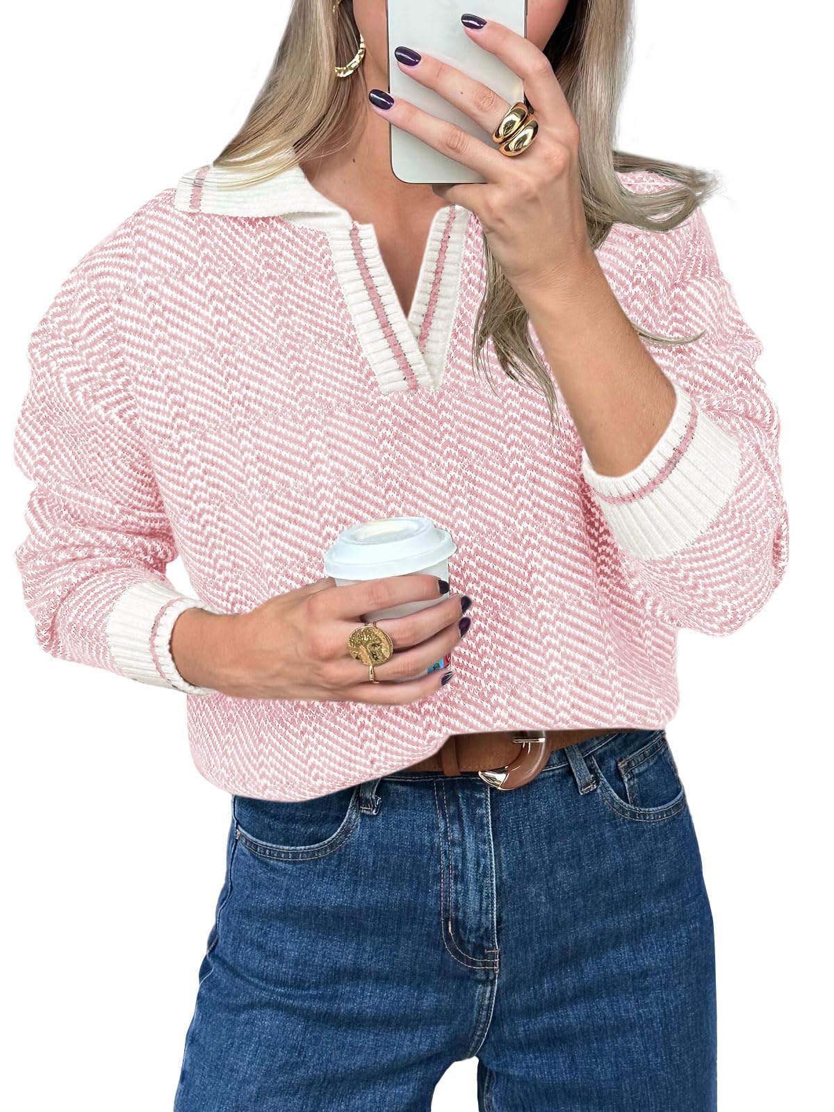 Saodimallsu Womens Fall Sweaters Tops Lapel V Neck Knit Sweater Color Block Long Sleeve Casual Soft Pullover Shirt