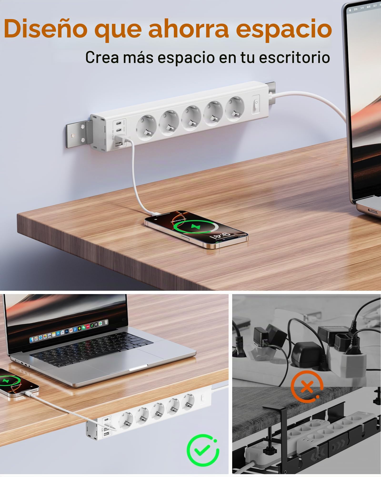 Regleta para Montaje bajo Mesa con protección contra sobretensiones, Enchufe múltiple conmutable Individualmente, 5 enchufes con 2 USB A y 2 Type-C (PD 20 W), Cable de 2 m (Blanco)