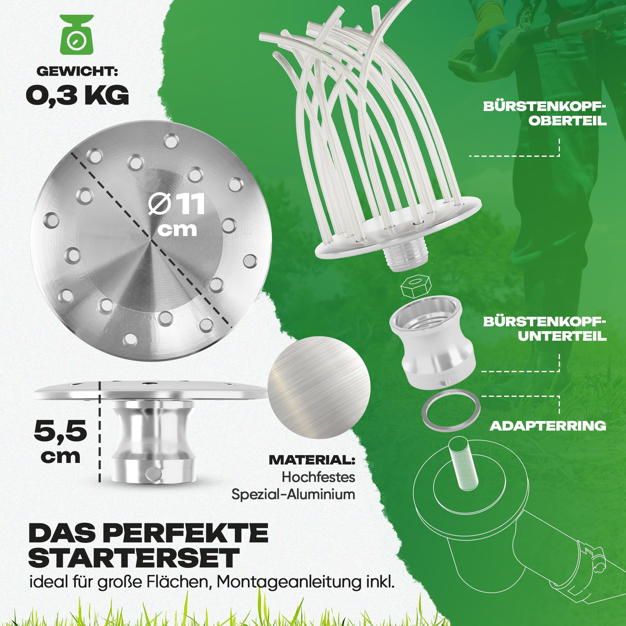 2in1 Unkrautbürste Freischneider [Mähen & Pflaster reinigen | inkl. 30m Faden] Wildkrautbürste für Motorsense Zubehör | Fugenbürste Unkraut | Trimmerkopf (Ab 1,4PS)