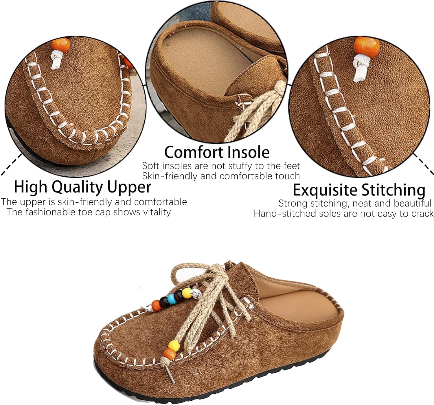 Women's Suede Flat Moccasin Mules with Beaded Casual Comfortable Round Toe Soft Sole Slip On Clogs for Daily Work Anti-Slip Walking Slides - Image 5