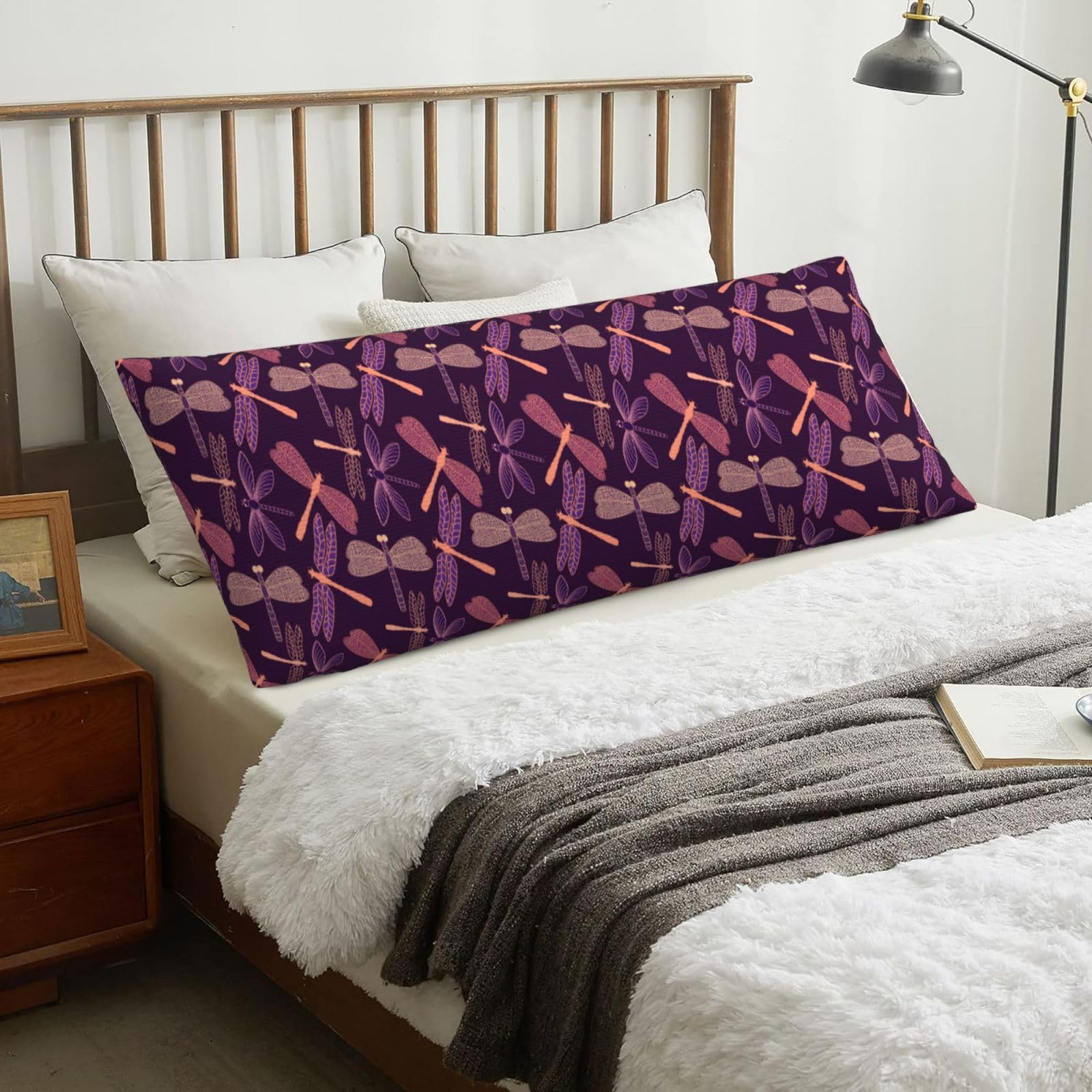 Purple Dragonfly Printing, Body Pillow Cover with Zipper,Long Body Pillowcase 20 x 60 in