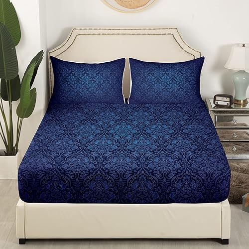 Miniatura 2 de Sábana bajera ajustable floral índigo degradado, tamaño individual, estilo bohemio, cachemira, damasco, vintage, victoriano, barroco, juego de ropa