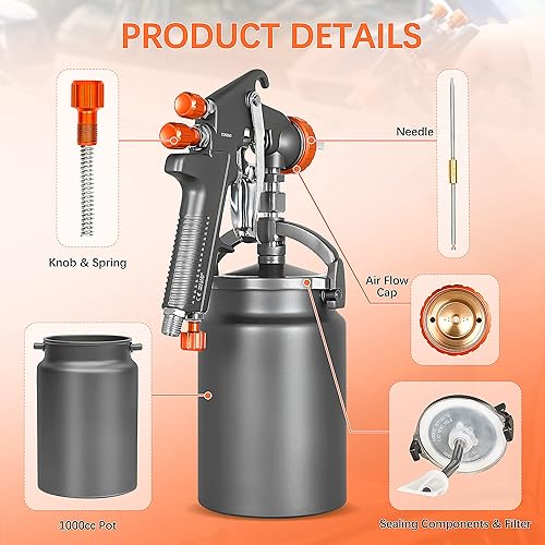 Miniatura 7 de Pistola pulverizadora, pistola de pulverización de aire con sifón, boquilla de 0.071 in, taza de aluminio de 1000 cc, proceso especial, fácil de