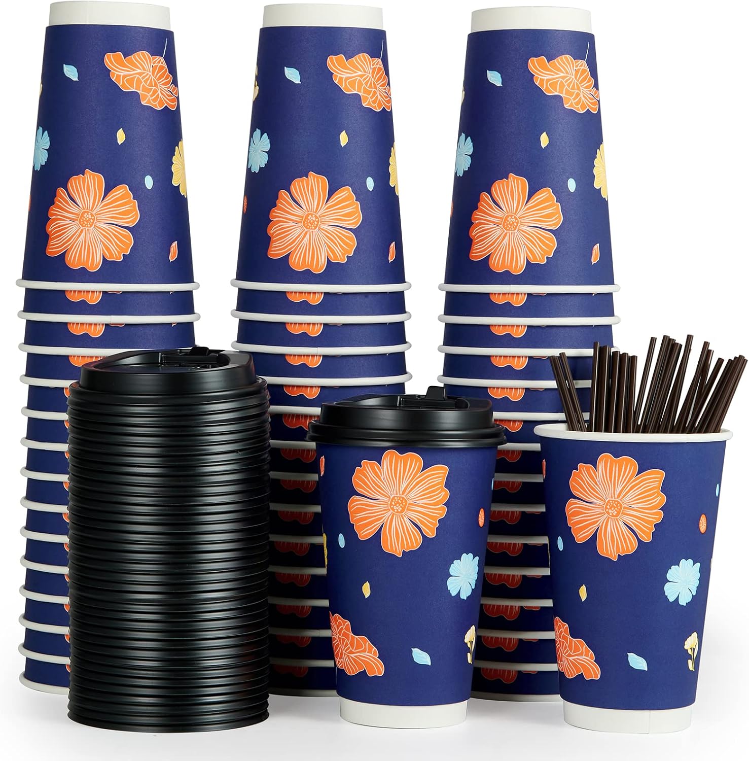 [80 pack] Paper Coffee Cup, 16oz Disposable Coffee Cups, Double Wall Paper Hot Cups with Lid and Stirring Bar, To Go Coffee Cup for Cold/Hot Drinks, Perfect for Home, Office, and Coffee Shop.