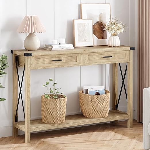 IDEALHOUSE Entryway Table, Console Table with Rattan Drawers, 43" Sofa Table with Storage, Console Tables for Entryway, Living Room, Hallway, Foyer-Burlywood