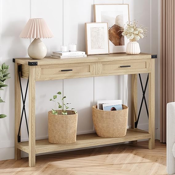 IDEALHOUSE Entryway Table, Console Table with Rattan Drawers, 43" Sofa Table with Storage, Console Tables for Entryway, Living Room, Hallway, Foyer-Burlywood