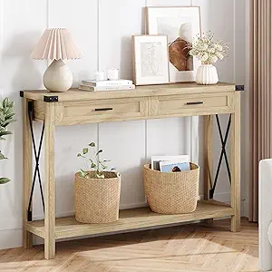 IDEALHOUSE Entryway Table, Console Table with Rattan Drawers, 43" Sofa Table with Storage, Console Tables for Entryway, Living Room, Hallway, Foyer-Burlywood