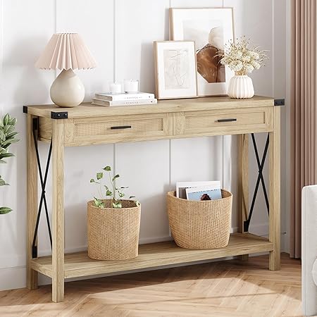 IDEALHOUSE Entryway Table, Console Table with Rattan Drawers, 43" Sofa Table with Storage, Console Tables for Entryway, Living Room, Hallway, Foyer-Burlywood