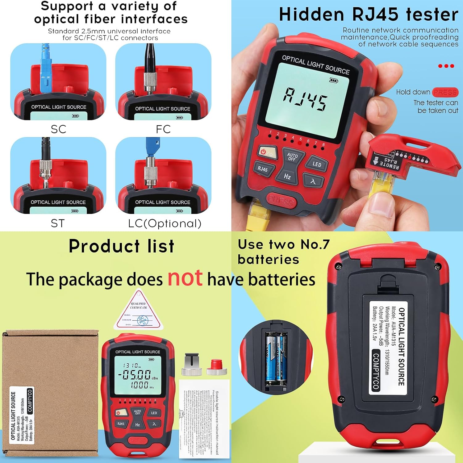 Fiber Optical Light Source - Dual Wavelength 1310nm/1550nm, Single Mode, SC/FC/ST Universal Interface with RJ45 Power & Test Cable, Fiber Optic Cable Tester