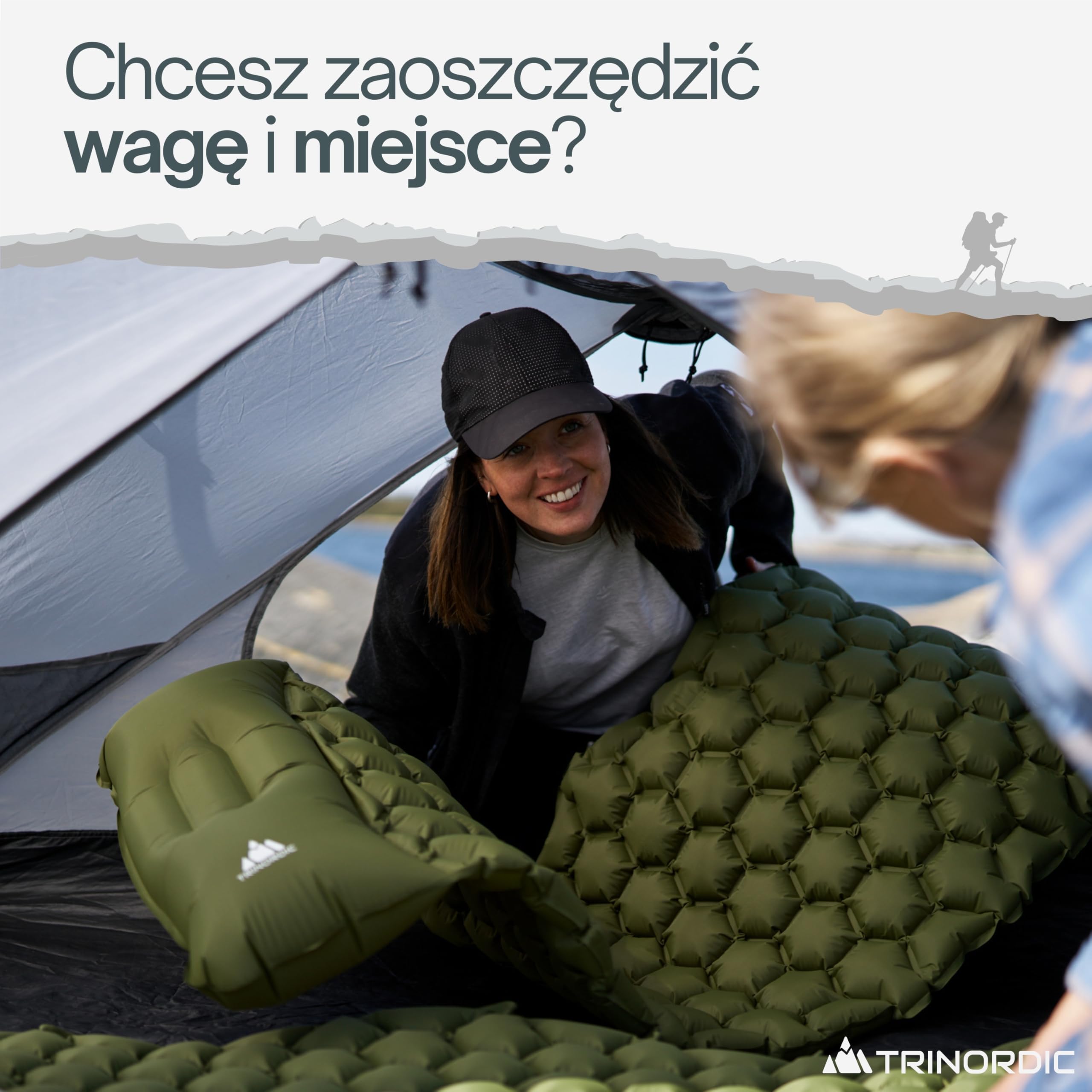 TRINORDIC Ultralekki Materac Kempingowy z Poduszką - Pojedynczy Materac Powietrzny, Wytrzymały Sprzęt Kempingowy - Zielony Lasowy