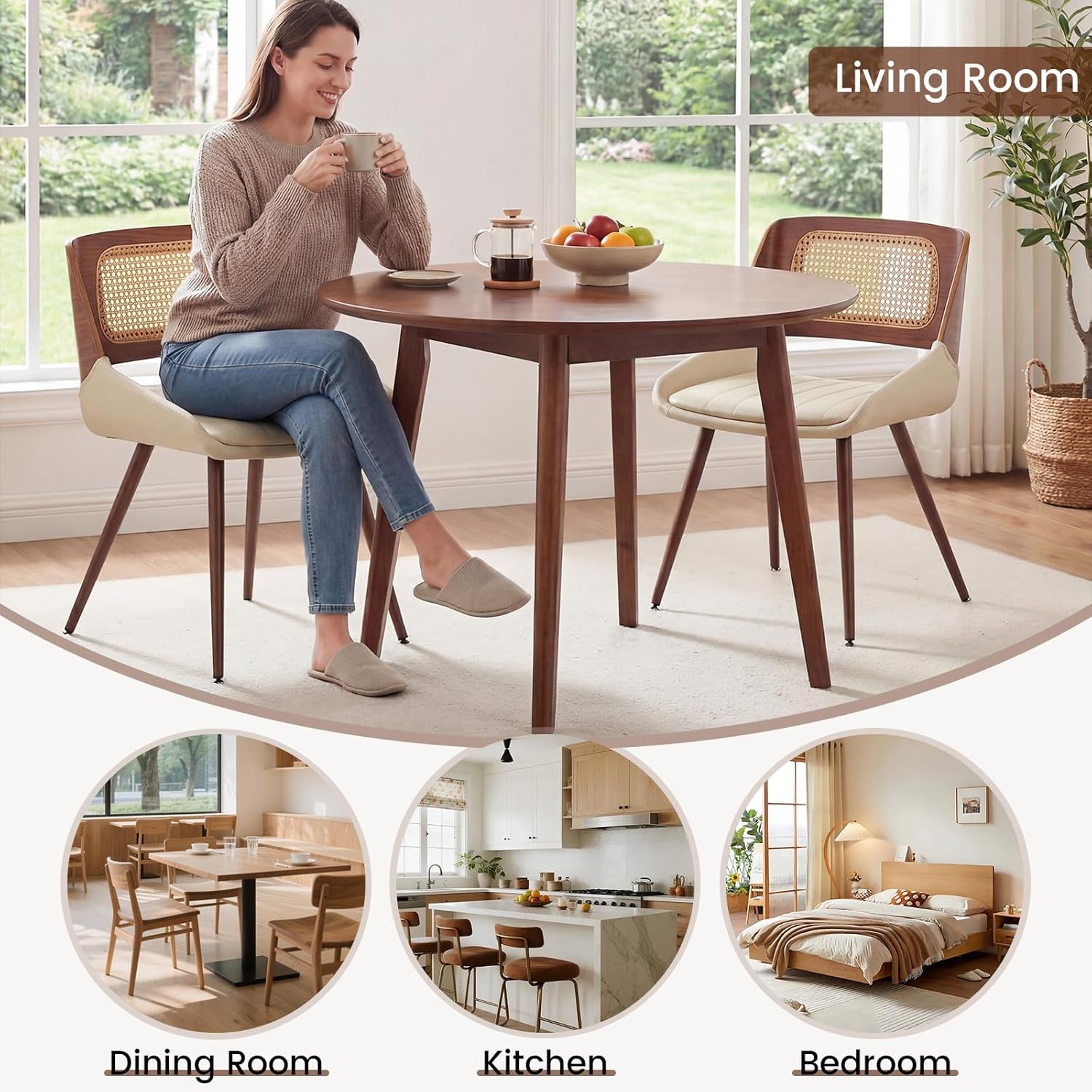 AVAWING Dining Chairs Set of 4, Mid Century Modern Dining Room Chairs with Cane Back & Leather Seat, Upholstered Rattan Chairs with Walnut Bentwood Frame & Adjustable Foot Pads, Beige