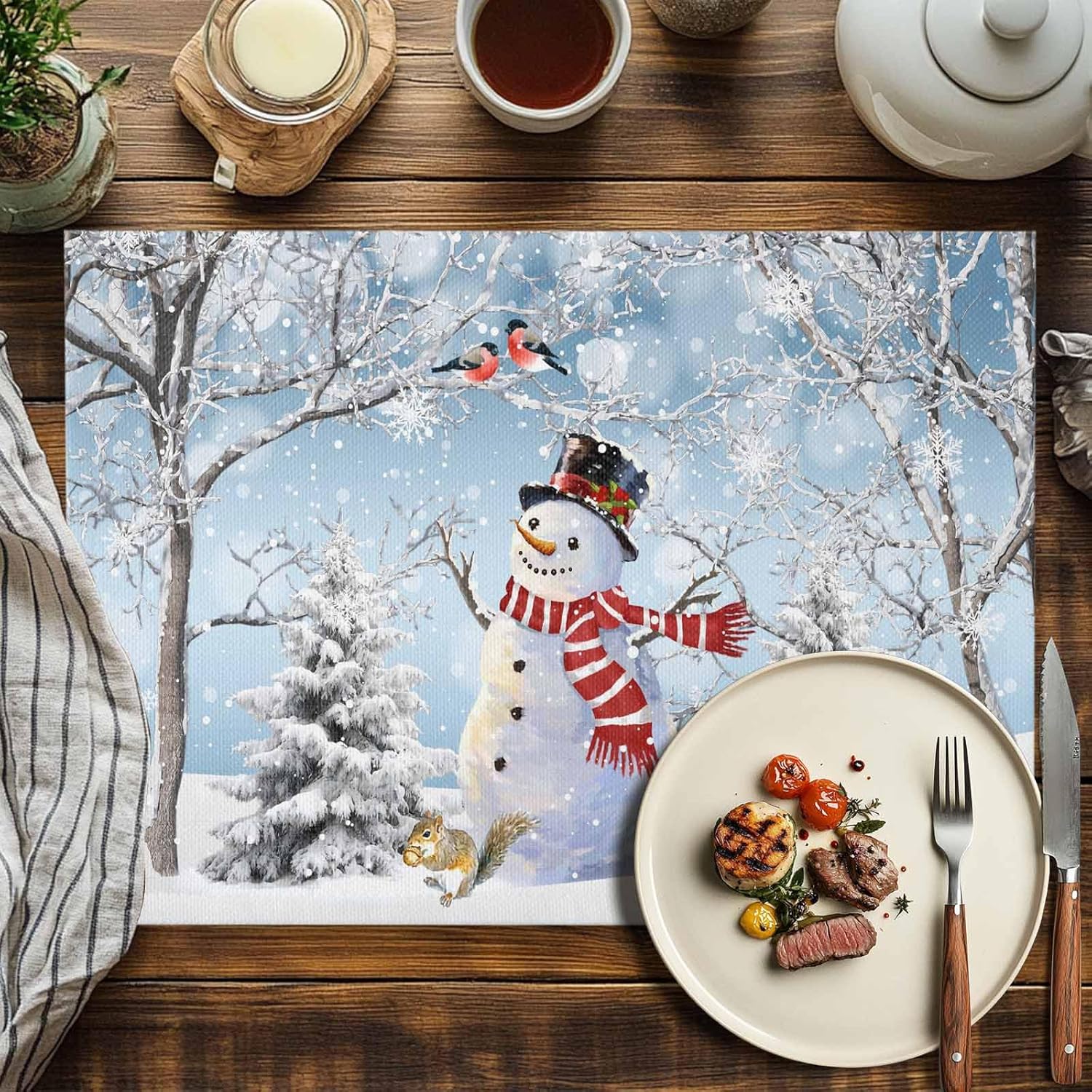 Gradient Christmas Winter Placemats Set of 4, Washable Cotton Linen Table Mats for Kitchen Dining Table, Heat Insulation Place Mats for Indoor Outdoor Parties, Holiday Decorations