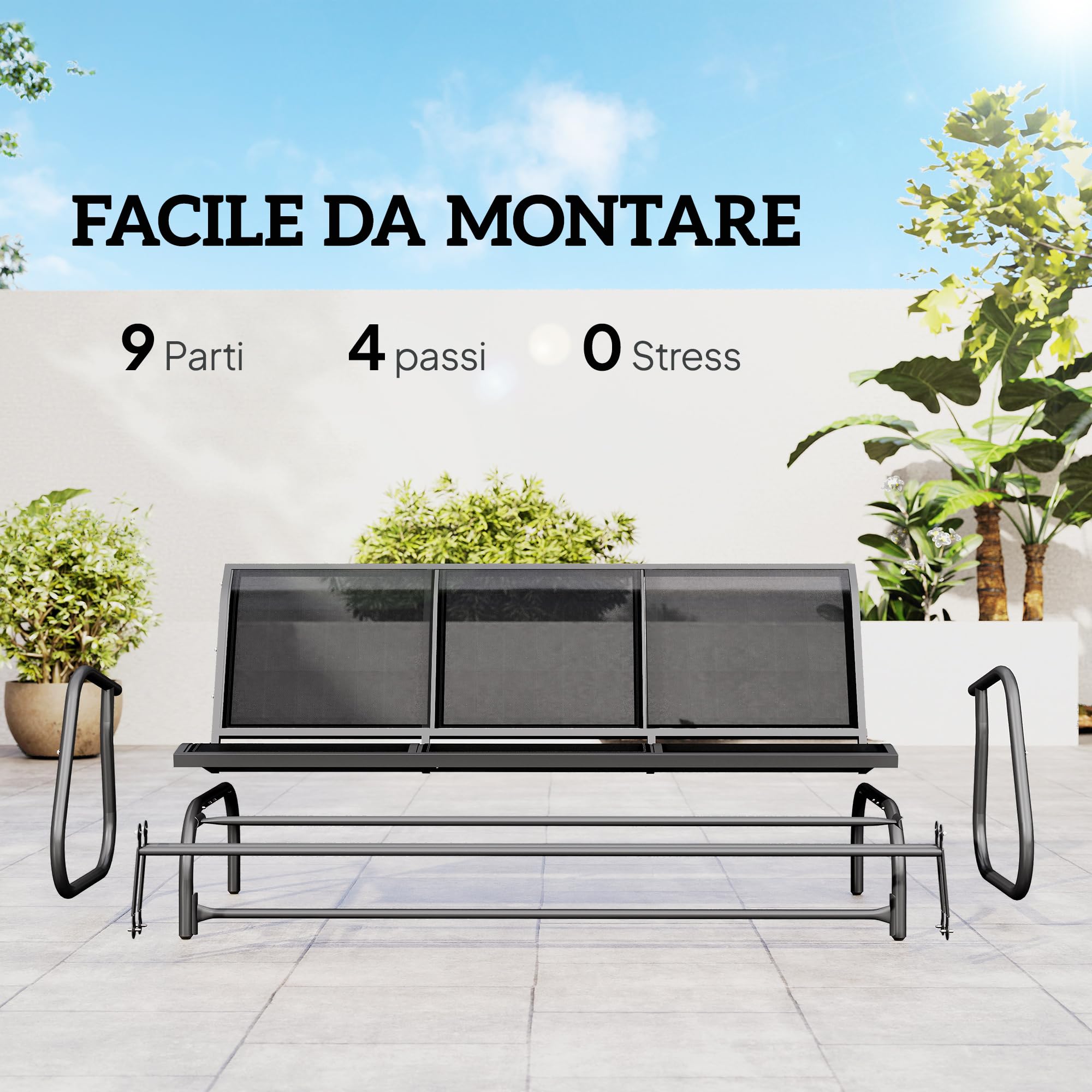 Outsunny Panchina a Dondolo da Giardino a 3 Posti in Metallo e Tessuto a Rete Traspirante, 147x70x85cm, Nero