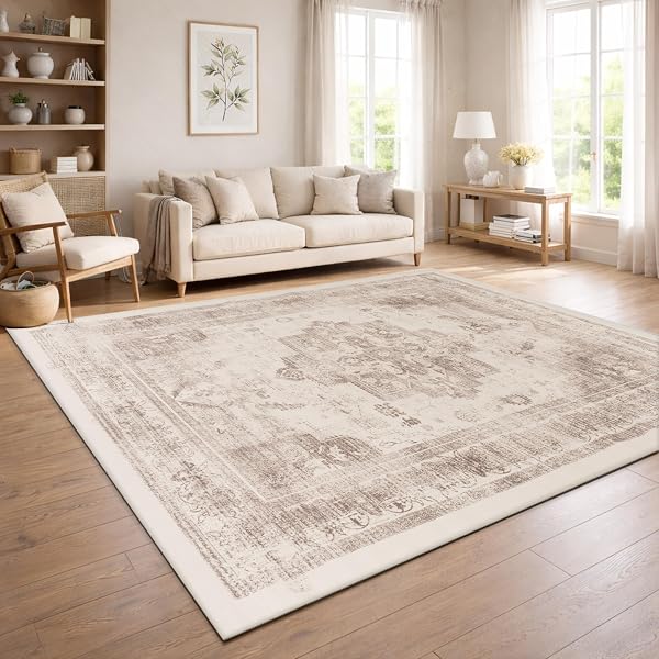 Paco Home Vintage Wohnzimmerteppich Kurzflor Boho Stil Waschbar & rutschfest pflegeleicht modernes Retro Design, Farbe:Beige 2, Größe:240x340 cm - 1