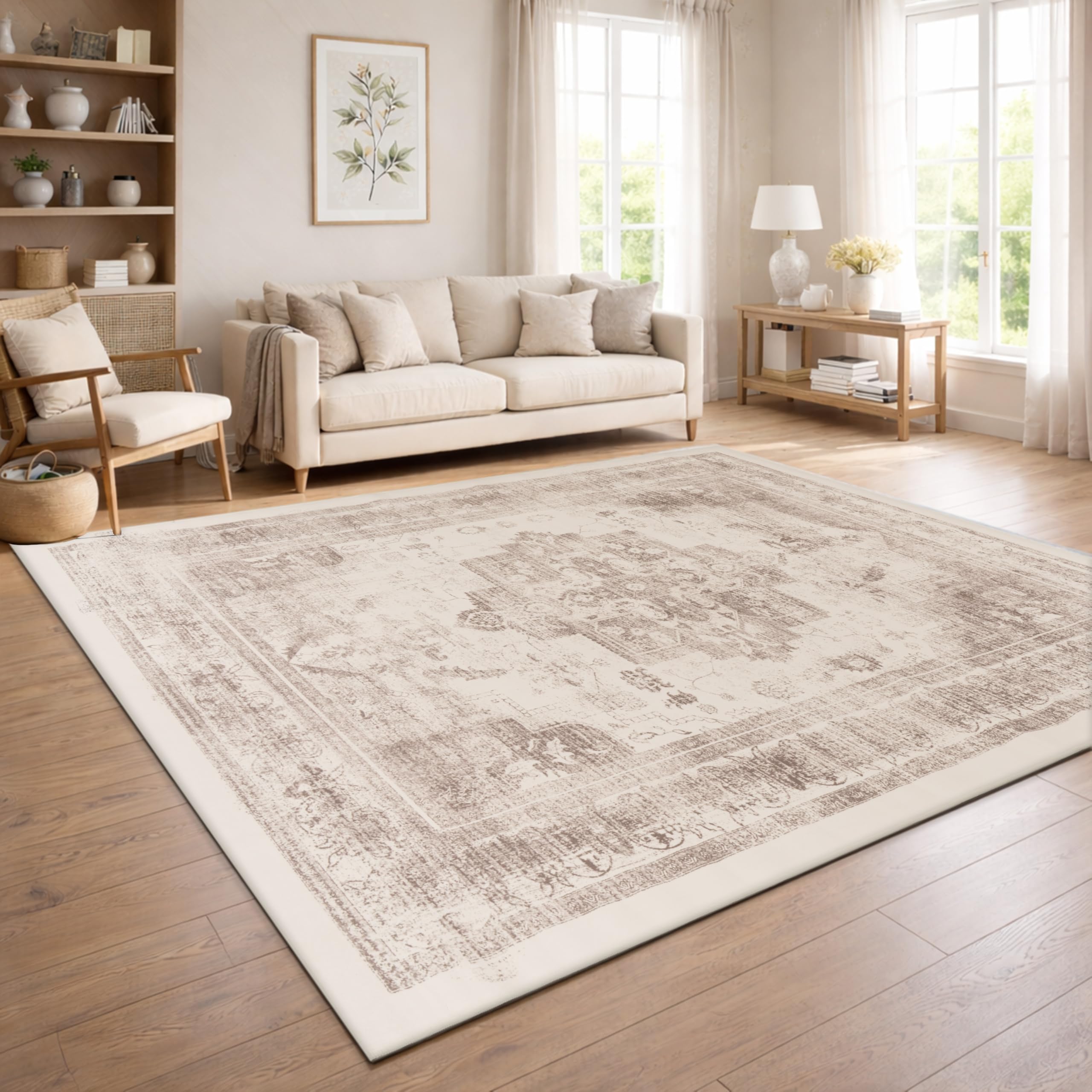 Paco Home Vintage Wohnzimmerteppich Kurzflor Boho Stil Waschbar & rutschfest pflegeleicht modernes Retro Design, Farbe:Beige 2, Größe:160x220 cm