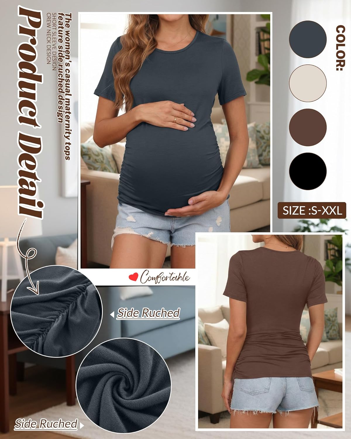 Huukeay 4 Pack Women's Maternity Shirts, Crew Neck Maternity Top Short Sleeve Casual Cotton Tee Side Ruched Pregnancy Clothes - Image 5