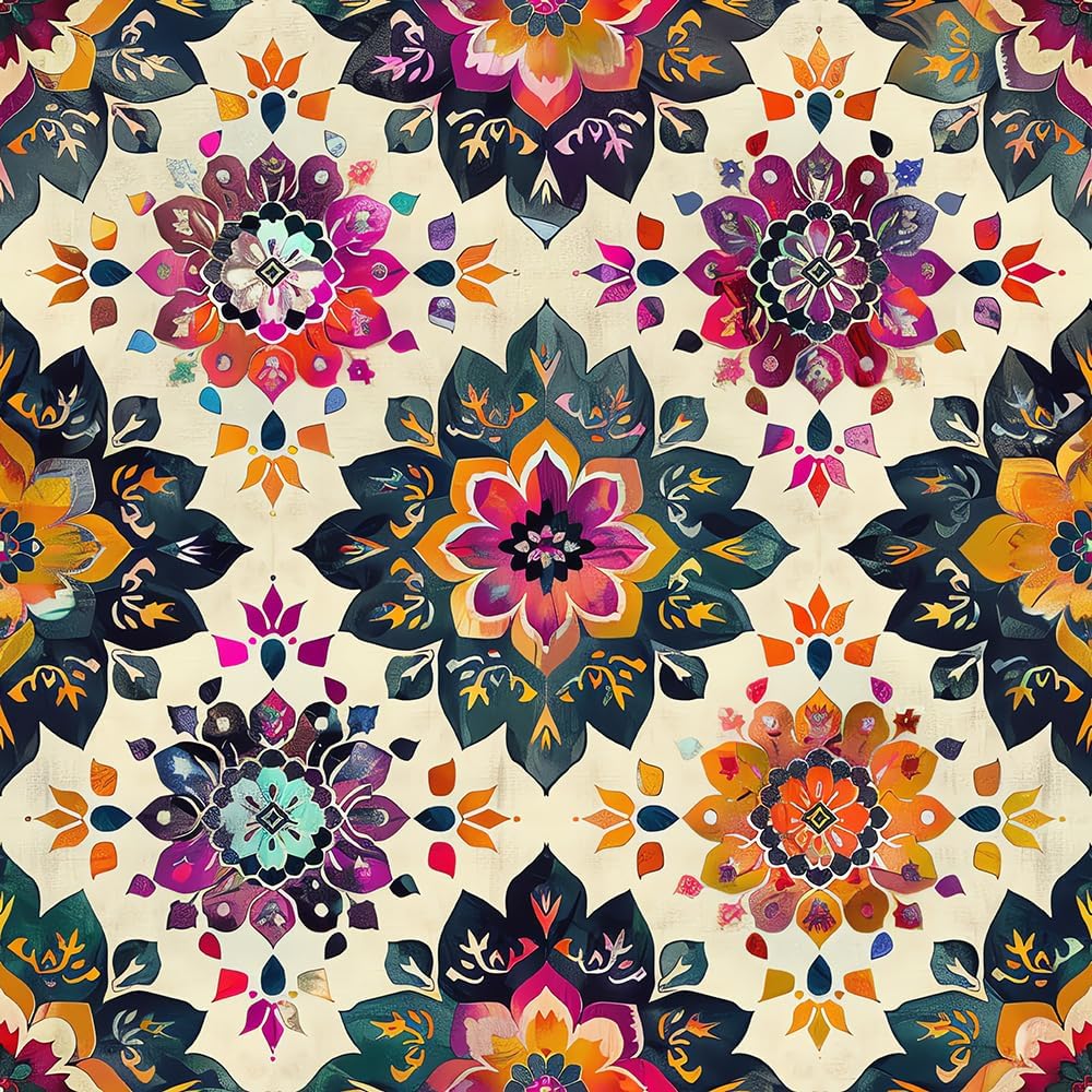 18"x236" Vintage Ethnic Plaid Flower Boho Peel and Stick Self Adhesive Wallpaper Removable Contact Paper Stick on Easy Peel Off Wall Paper for Kitchen Bedroom Bathroom Renter