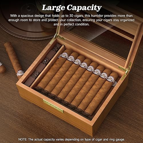 Miniatura 4 de TISFA Caja de cigarros hecha a mano con higrómetro y humidificador, caja de humidor de madera de cedro con cajón, divisor, medidor de longitud de