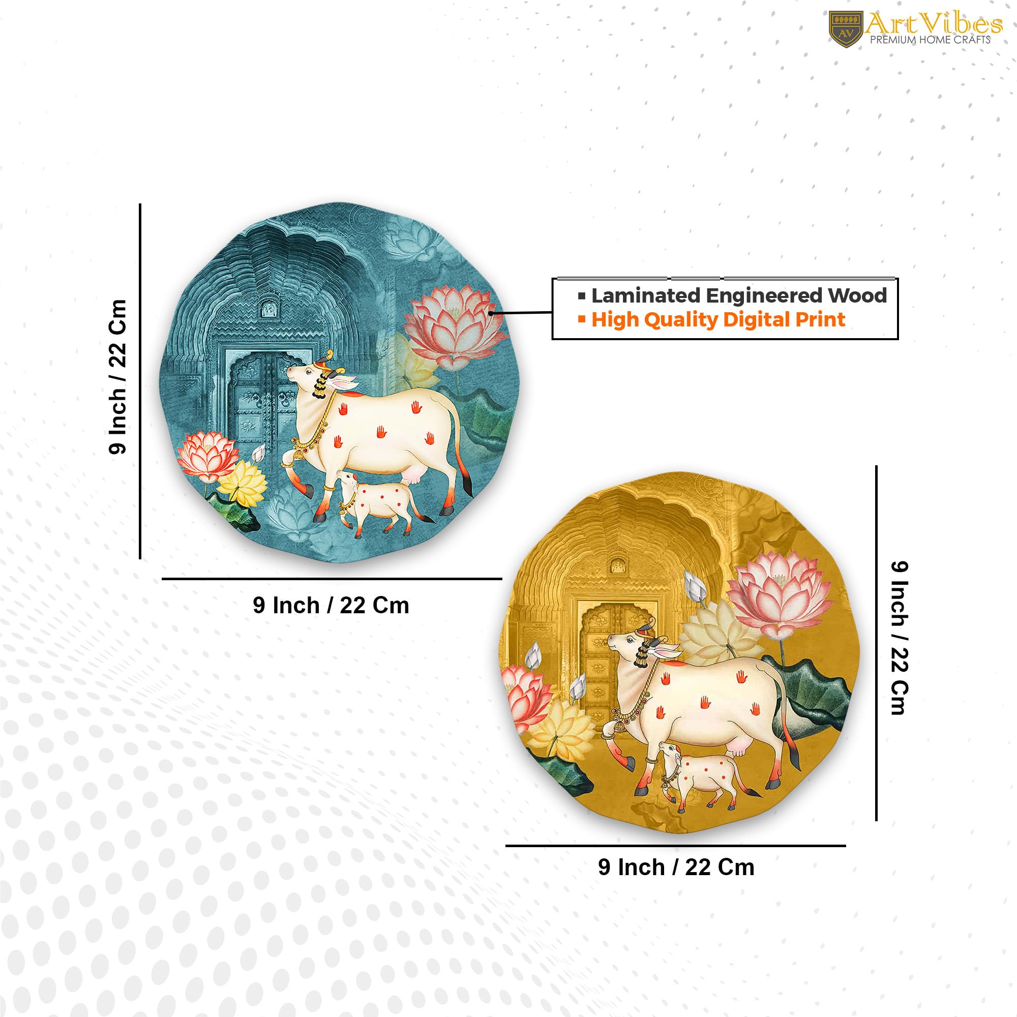 Artvibes Sacred Cow Pichwai Art Round Shape MDF Wooden Wall Decor Items | Living Room | Handcrafted Art | Wall Illustrations | Art Prints | Aesthetic Wall Art | Ideal Gifts (WH_8813NN), Set of 2 4