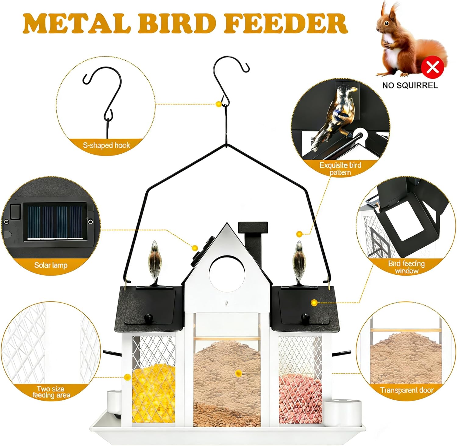 Solar Bird Feeders House for Outside Hanging, Metal Wild Bird Feeder for Outdoors Large Capacity Cardinal Birdfeeder Birdhouses Metal Bird Feeding Station White