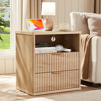 Lerliuo Farmhouse Nightstand with Charging Station, 23" Wide End Table with 3 Drawers, Fluted Night Stand,Bed Side Table Chest of Drawers Cabinet,Wood Dresser for Bedroom, Living Room,Closet,Natural