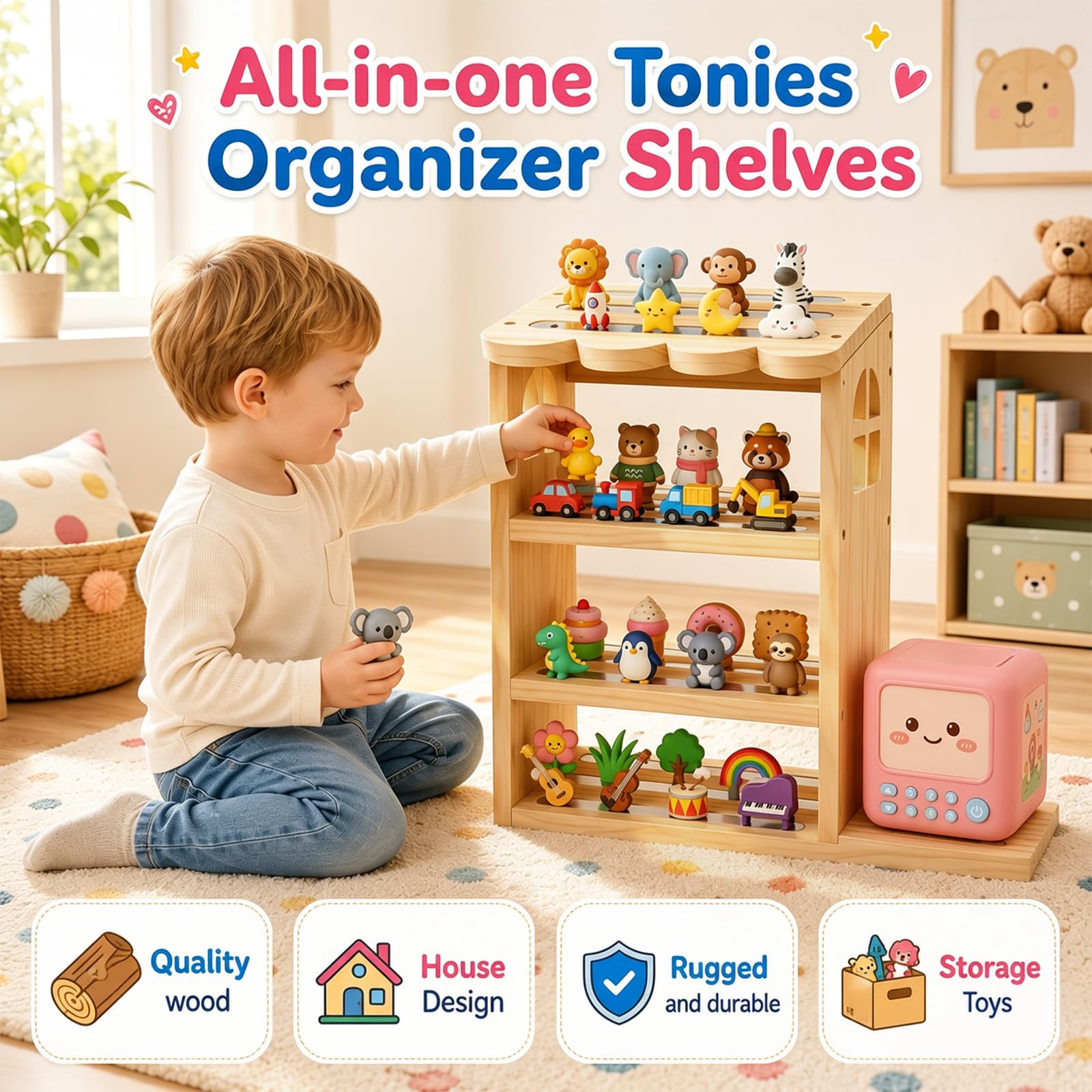 Scaffale magnetico a forma di casa, con 4 ripiani, organizer per 70-80 personaggi, scaffale da parete e mensola da tavolo per cameretta dei bambini, compatibile con scaffale della stazione di