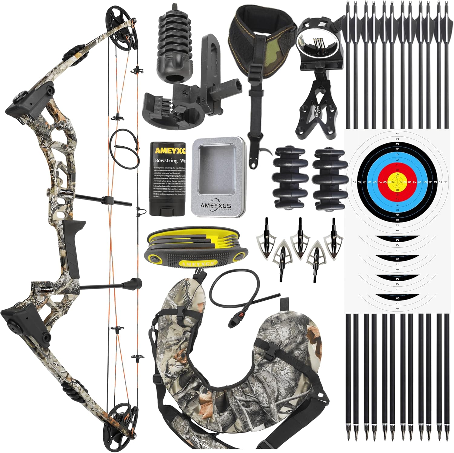 0-70lbs Camo Compound Bow Pulley Right Hand Hunting Archery IBO 320FPS for Outdoor Shooting Training Practice Carbon Arrows Set