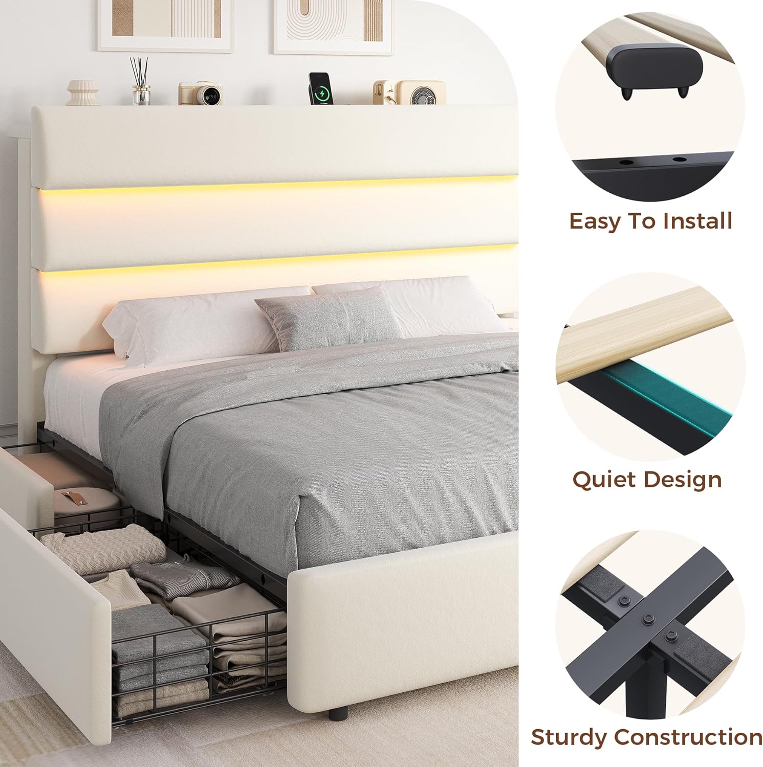 Jocoevol Queen Size Bed Frame with 2 Storage Drawers and Headboard Shelf, Velvet Upholstered Platform Bed with LED Lights & Charging Station, Wooden Slats Support, No Box Spring Needed, Beige
